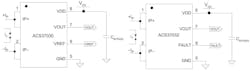 1. Typical application circuit: The device outputs an analog signal (VOUT) that varies linearly with the bidirectional AC or DC primary current, IP, within the ranges specified.